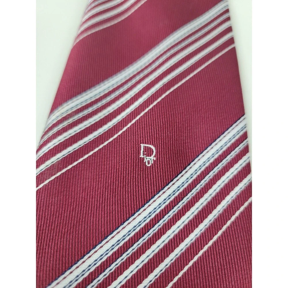 Christian Dior Mens Burgundy Striped Silk Blend Necktie Vintage Logo Tie